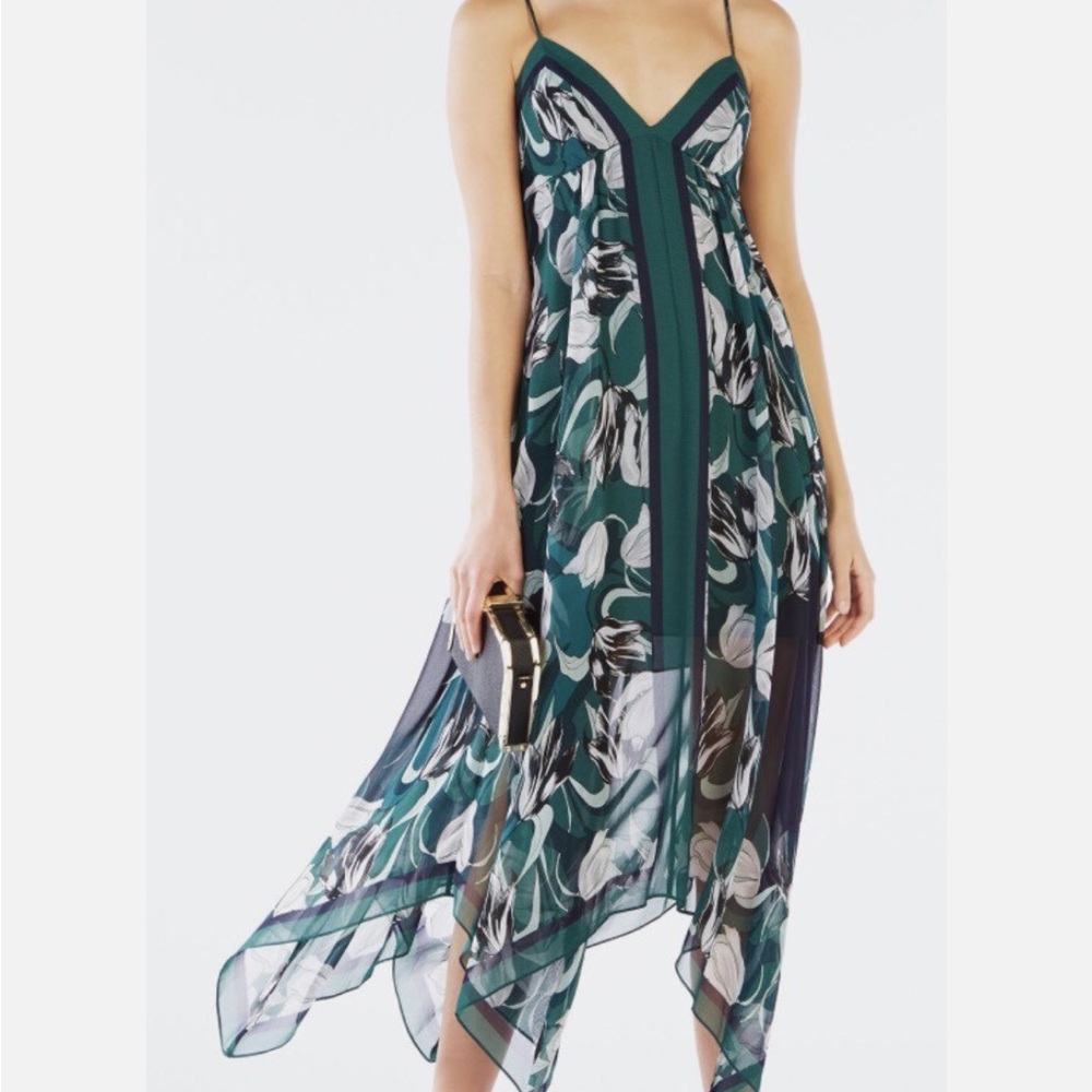 BCBG MAXAZRIA Isabela Green Floral Asymmetrical Maxi Dress XS